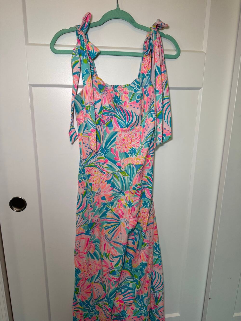 Lilly Pulitzer XS Maxi Dress Tropical Floral Tie Shoulder Pink Blue Green